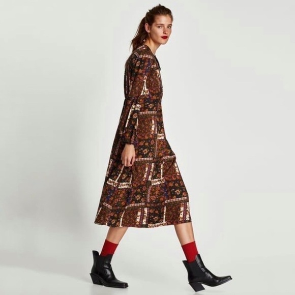 Zara Patchwork Floral Boho Peasant Midi Dress MulticolorXS - Picture 2 of 16
